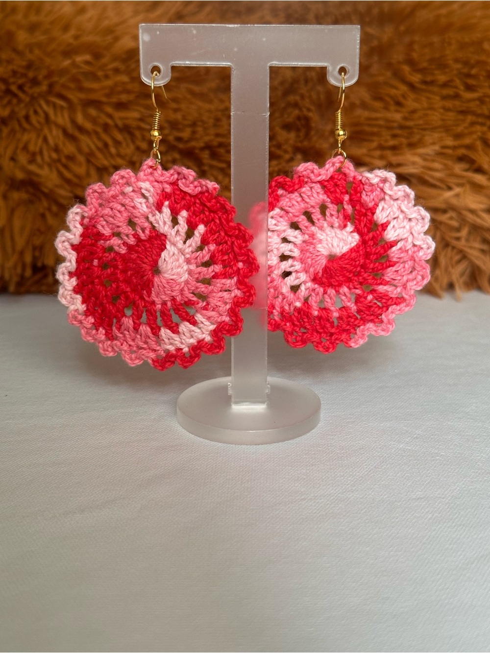 Handmade Pink & Red Crochet Circle Earrings - Women Jewelry